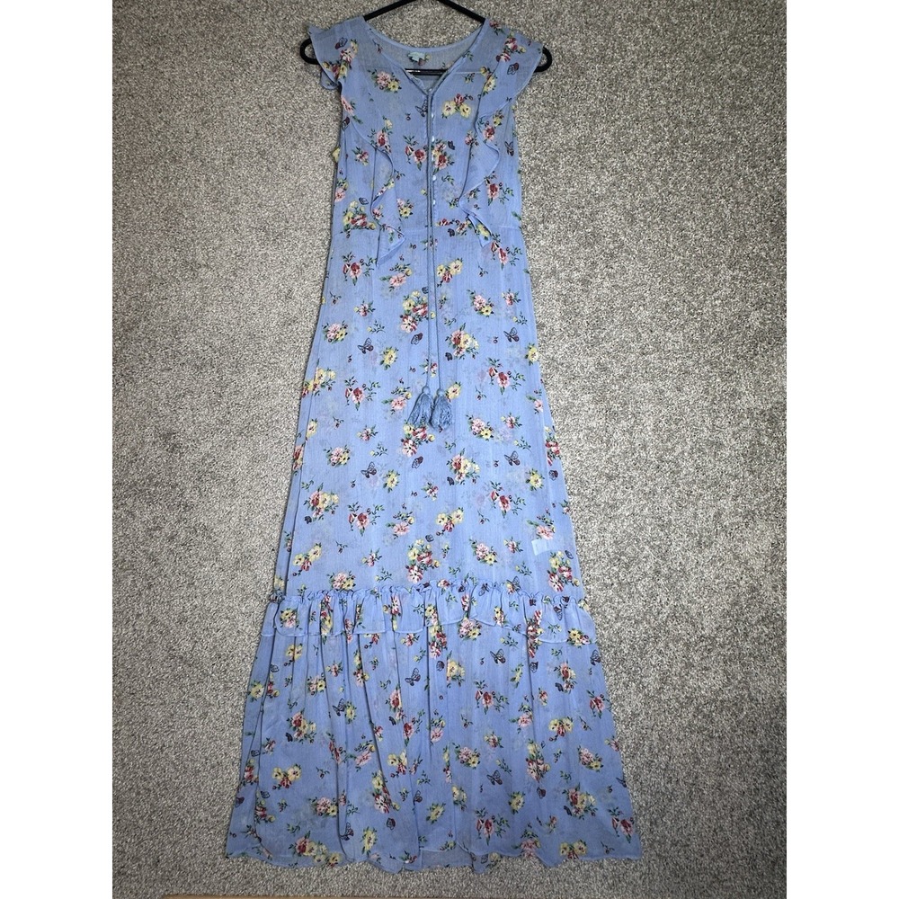 Disney Alice Through Looking Glass Sheer Floral Maxi Dress XS Blue Ruffle